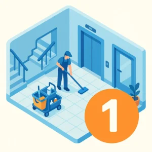 Person cleaning lobby floor with number one icon