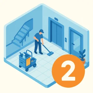 Janitor mopping floor near elevator and stairs.