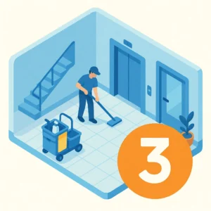 Worker cleaning floor near lift on level three.