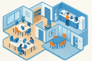 Isometric office layout with kitchen and meeting room.