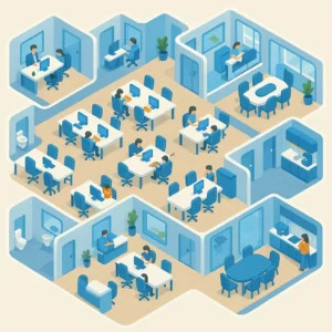 Isometrische Büro-Illustration mit Arbeitsbereichen und Besprechungsräumen.