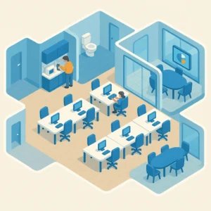 Büro mit Arbeitsplätzen, Besprechungsraum und Küche.