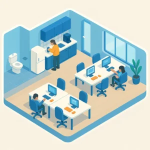 Büro mit Küche und Arbeitsplätzen.