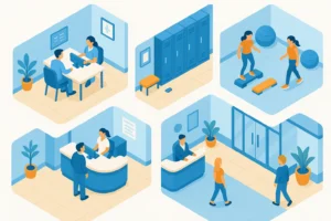 Health clinic reception and services illustrated scene.