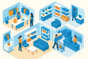 Illustration of people shopping in department store.