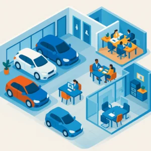 Office and car showroom illustration with people working.