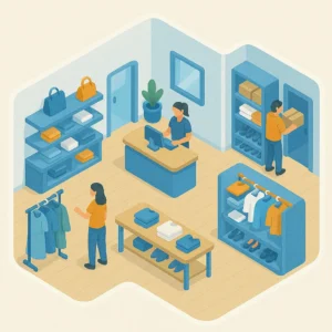 Illustration eines Kleidungsgeschäfts mit Kunden und Personal.