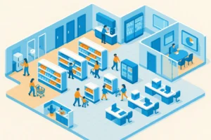 Illustration of office and store with people inside.