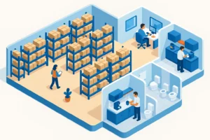Isometric office illustration with warehouse and workstation areas.