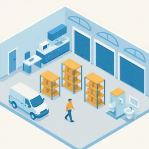 Isometric warehouse with van and loading area.