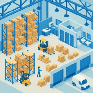 Warehouse with forklifts and stacked boxes.