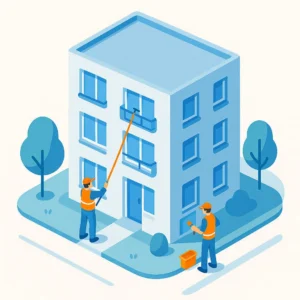 Illustration of workers painting apartment building exterior.