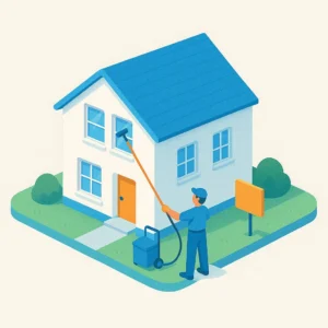 Person cleaning house windows with extendable tool.