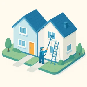 Worker cleaning windows of house with ladder