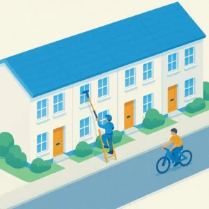 Man cleaning windows of terraced house, cyclist passes by.