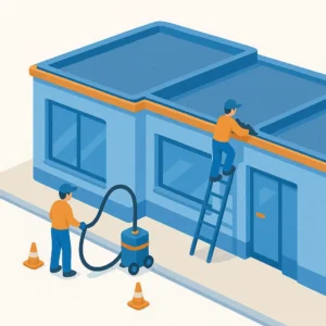 Illustration of workers maintaining a building facade