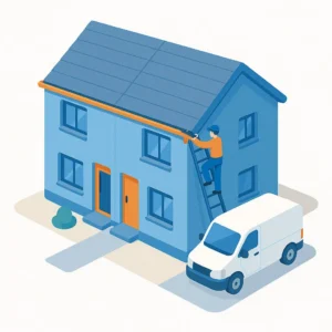 Person fixing gutter on house with white van.